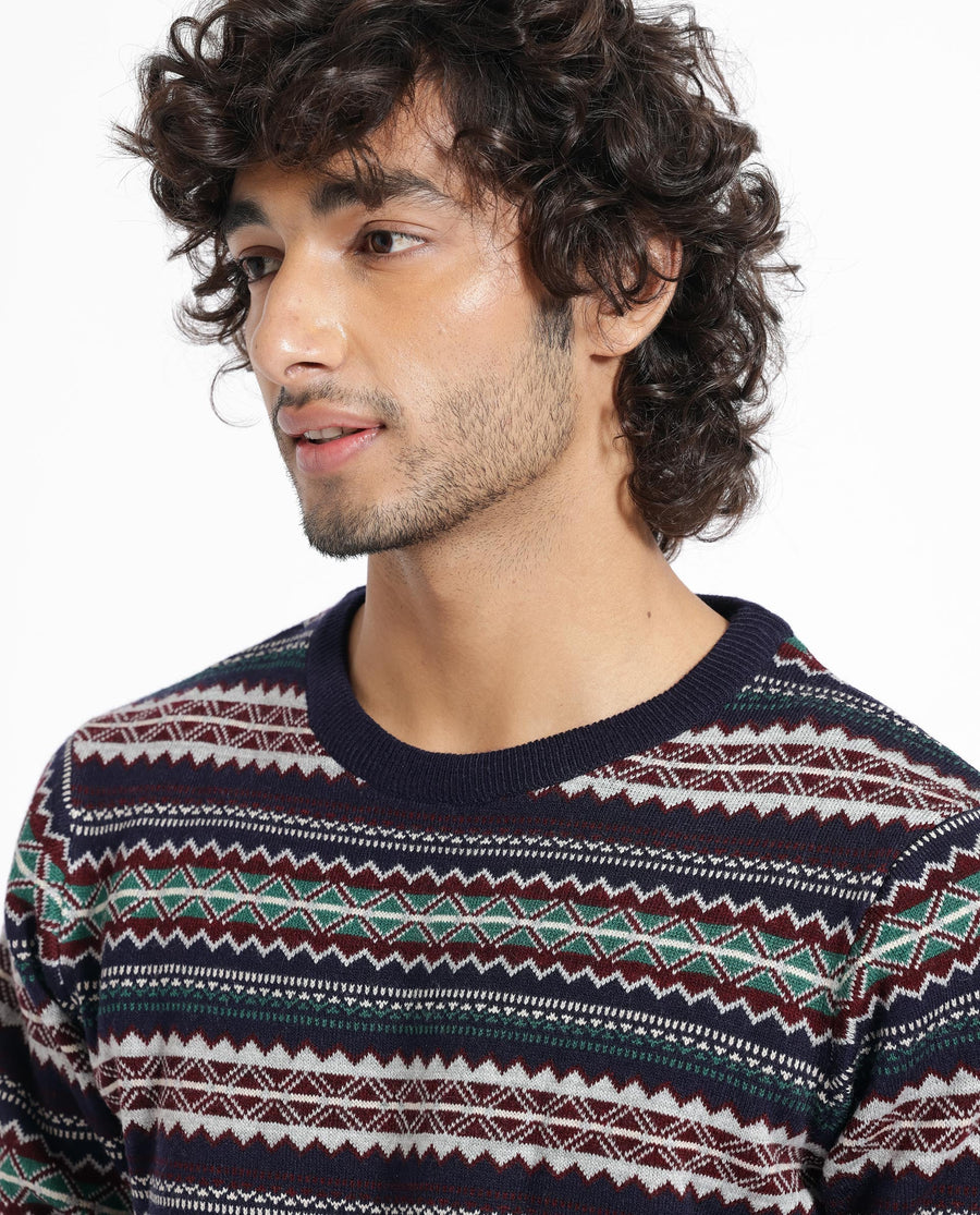 Rare Rabbit Men's Fare Navy Acrylic Textured Relaxed Fit Full Sleeve Crew Neck Sweater