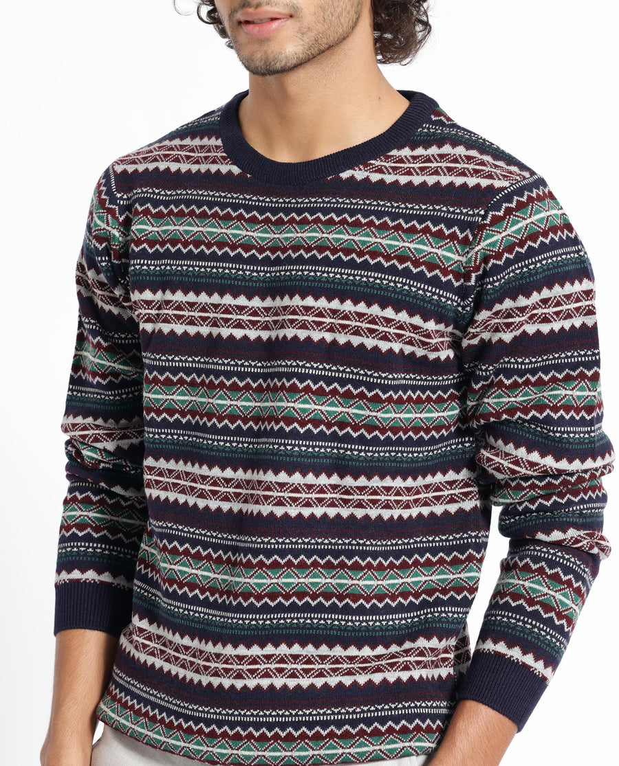 Rare Rabbit Men's Fare Navy Acrylic Textured Relaxed Fit Full Sleeve Crew Neck Sweater