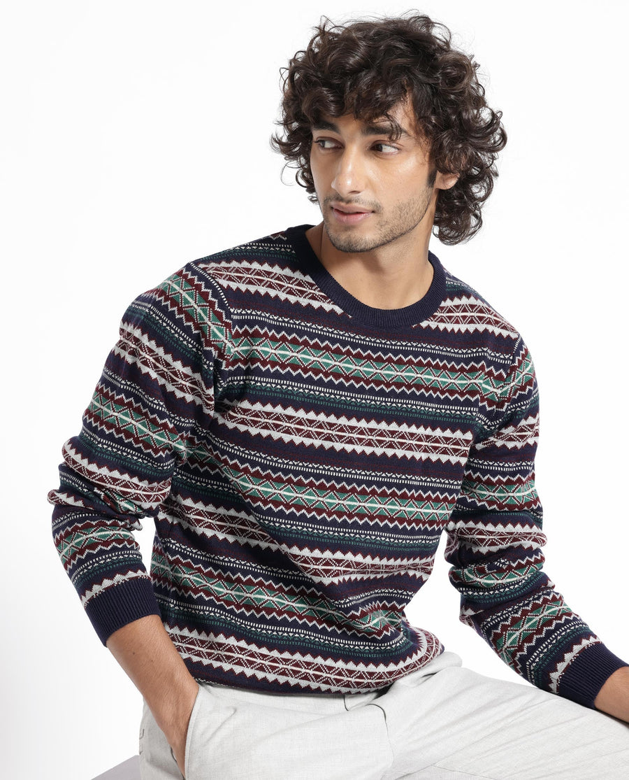 Rare Rabbit Men's Fare Navy Acrylic Textured Relaxed Fit Full Sleeve Crew Neck Sweater