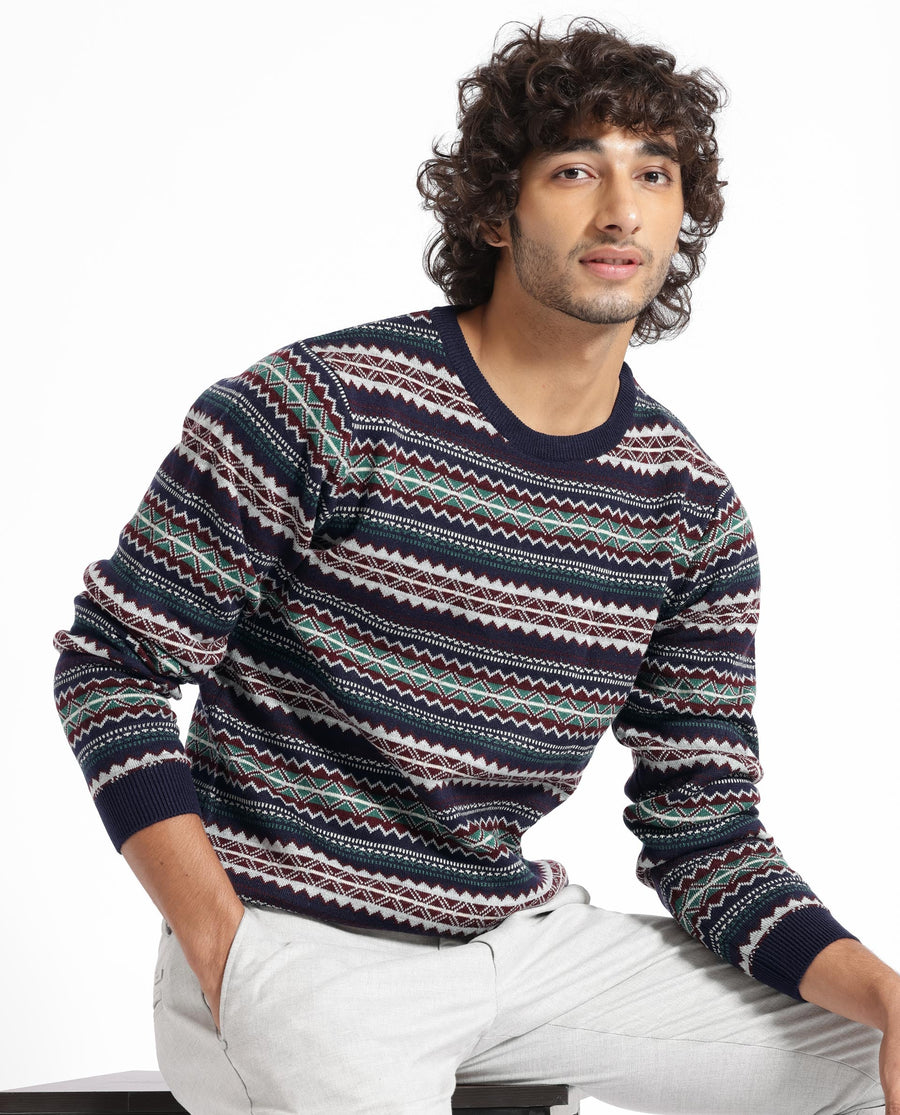 Rare Rabbit Men's Fare Navy Acrylic Textured Relaxed Fit Full Sleeve Crew Neck Sweater