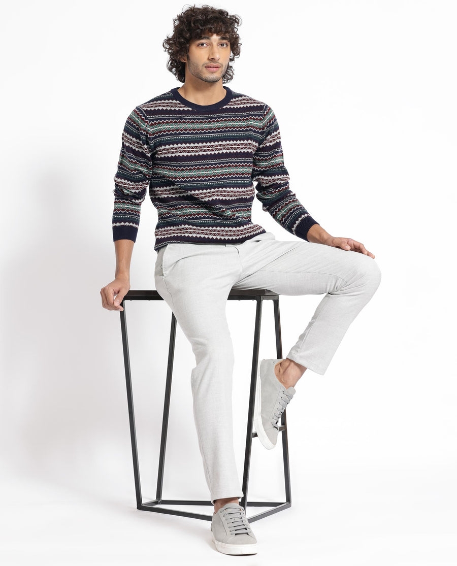 Rare Rabbit Men's Fare Navy Acrylic Textured Relaxed Fit Full Sleeve Crew Neck Sweater