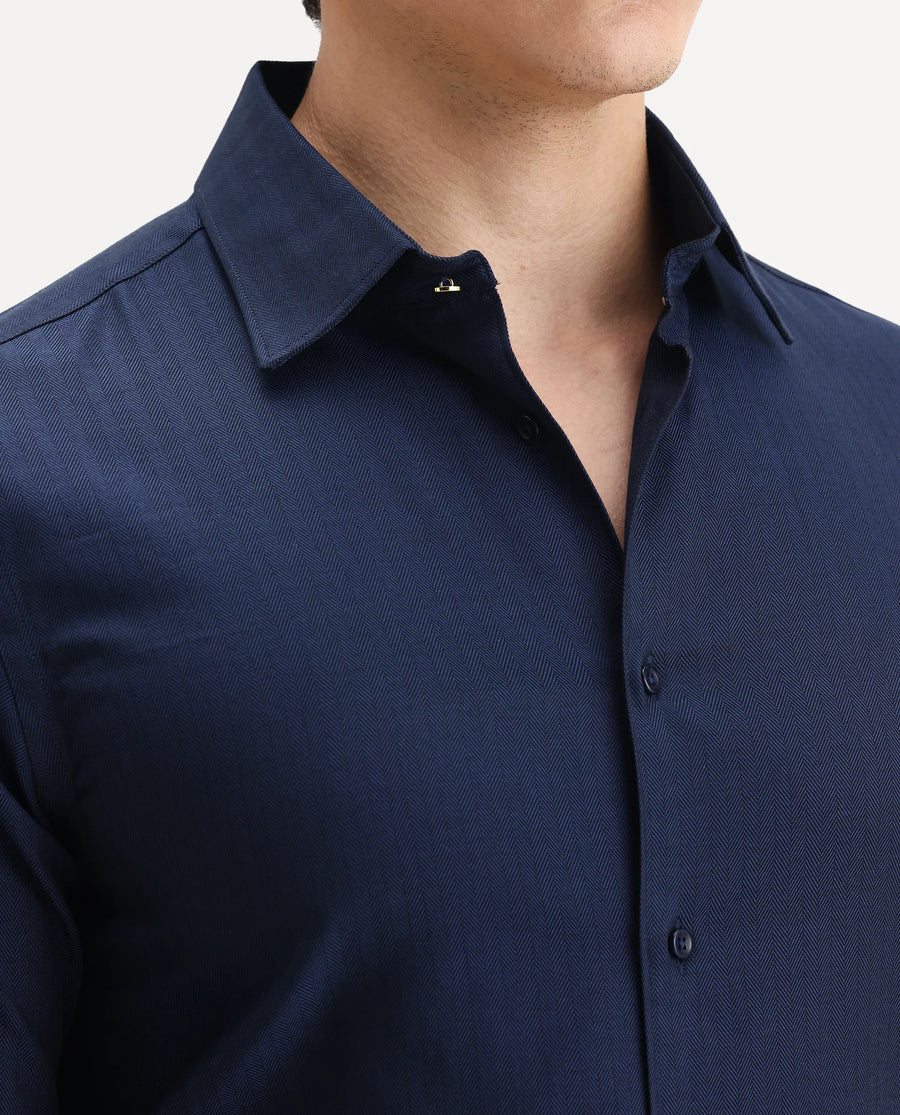 Rare Rabbit Men's Fargo Dark Navy Cotton Plain Regular Fit Full Sleeve Collared Shirt