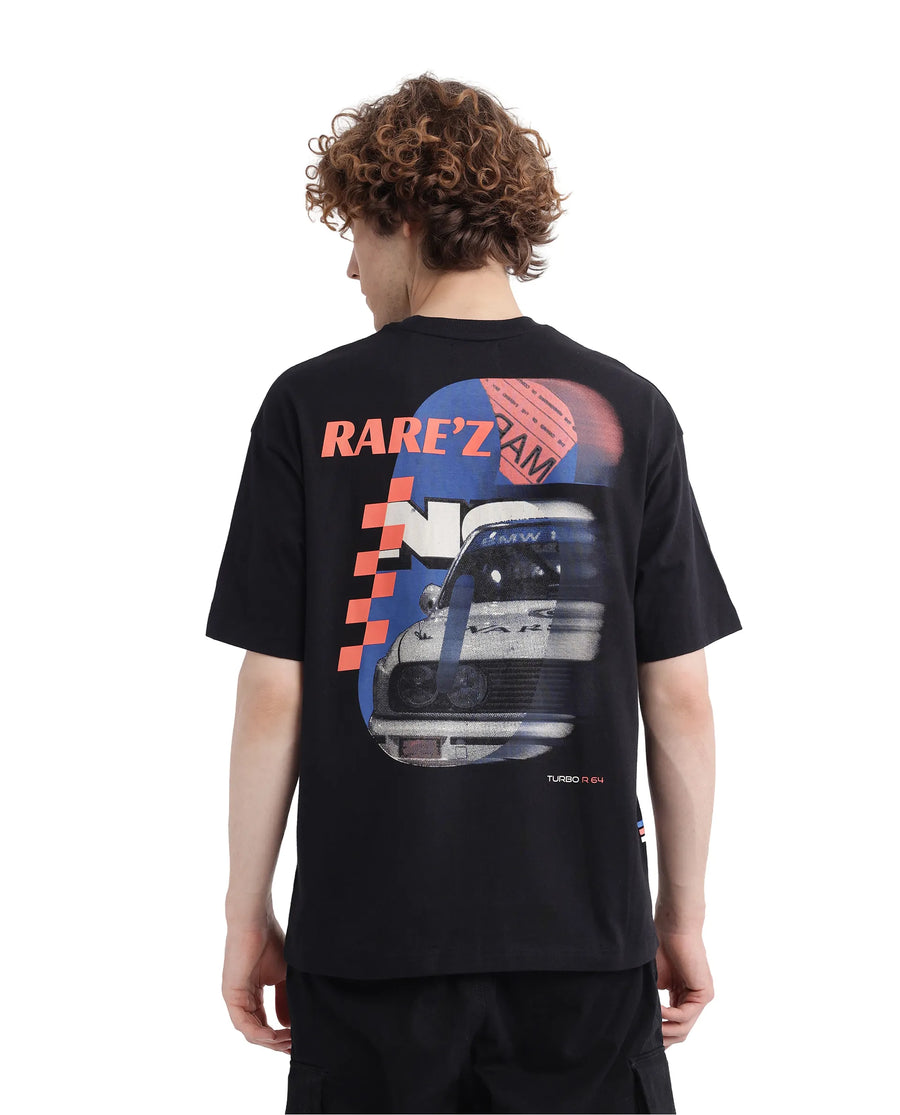 Rare Rabbit Men's Fast Black Cotton Graphic Print Oversized Fit Half Sleeve Crew Neck T-Shirt