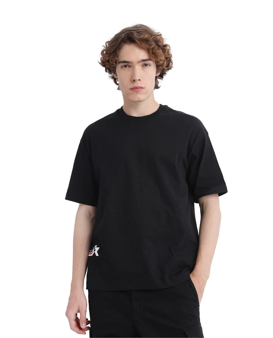 Rare Rabbit Men's Fast Black Cotton Graphic Print Oversized Fit Half Sleeve Crew Neck T-Shirt
