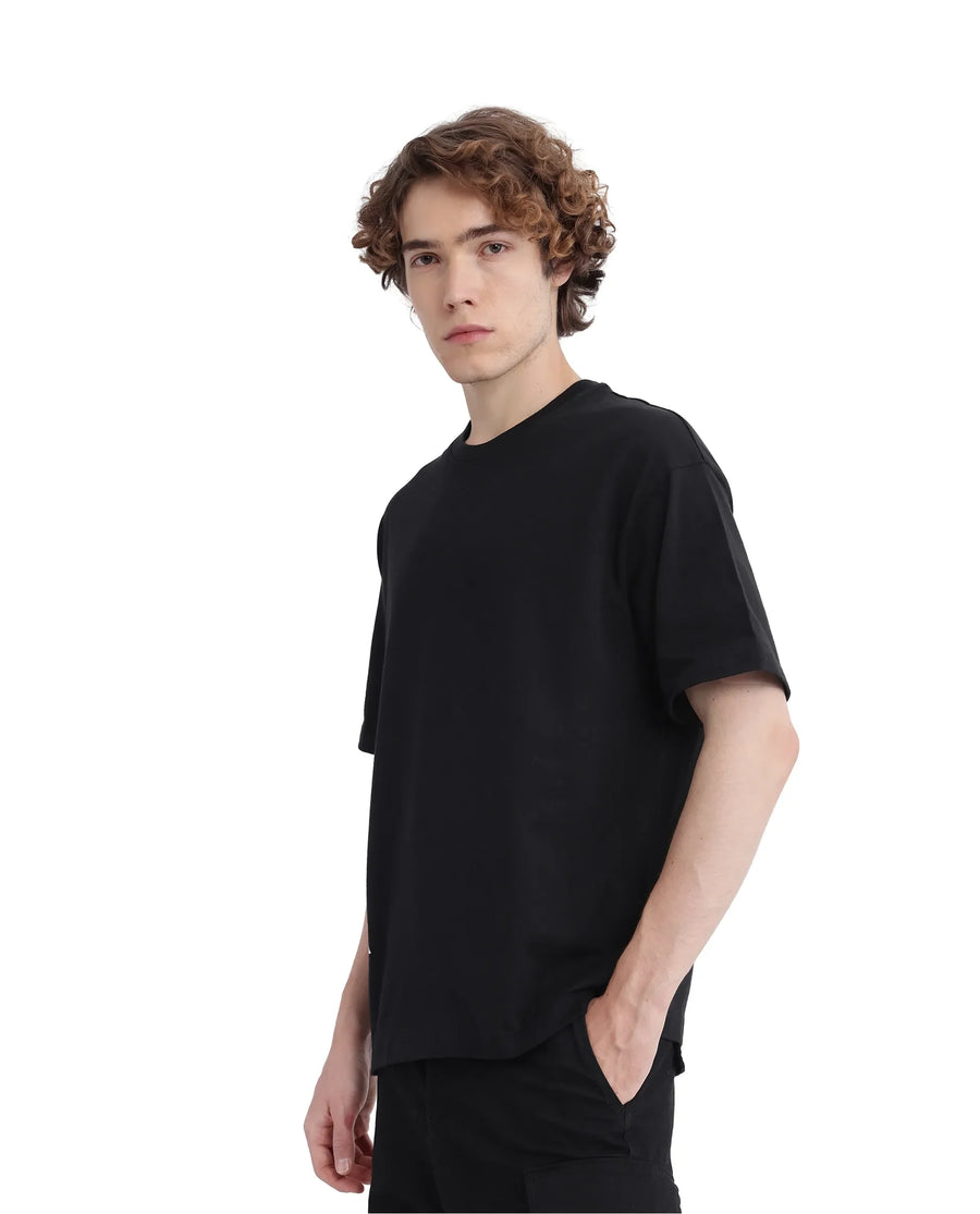 Rare Rabbit Men's Fast Black Cotton Graphic Print Oversized Fit Half Sleeve Crew Neck T-Shirt