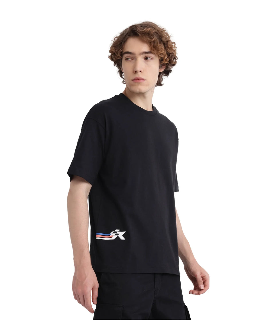 Rare Rabbit Men's Fast Black Cotton Graphic Print Oversized Fit Half Sleeve Crew Neck T-Shirt