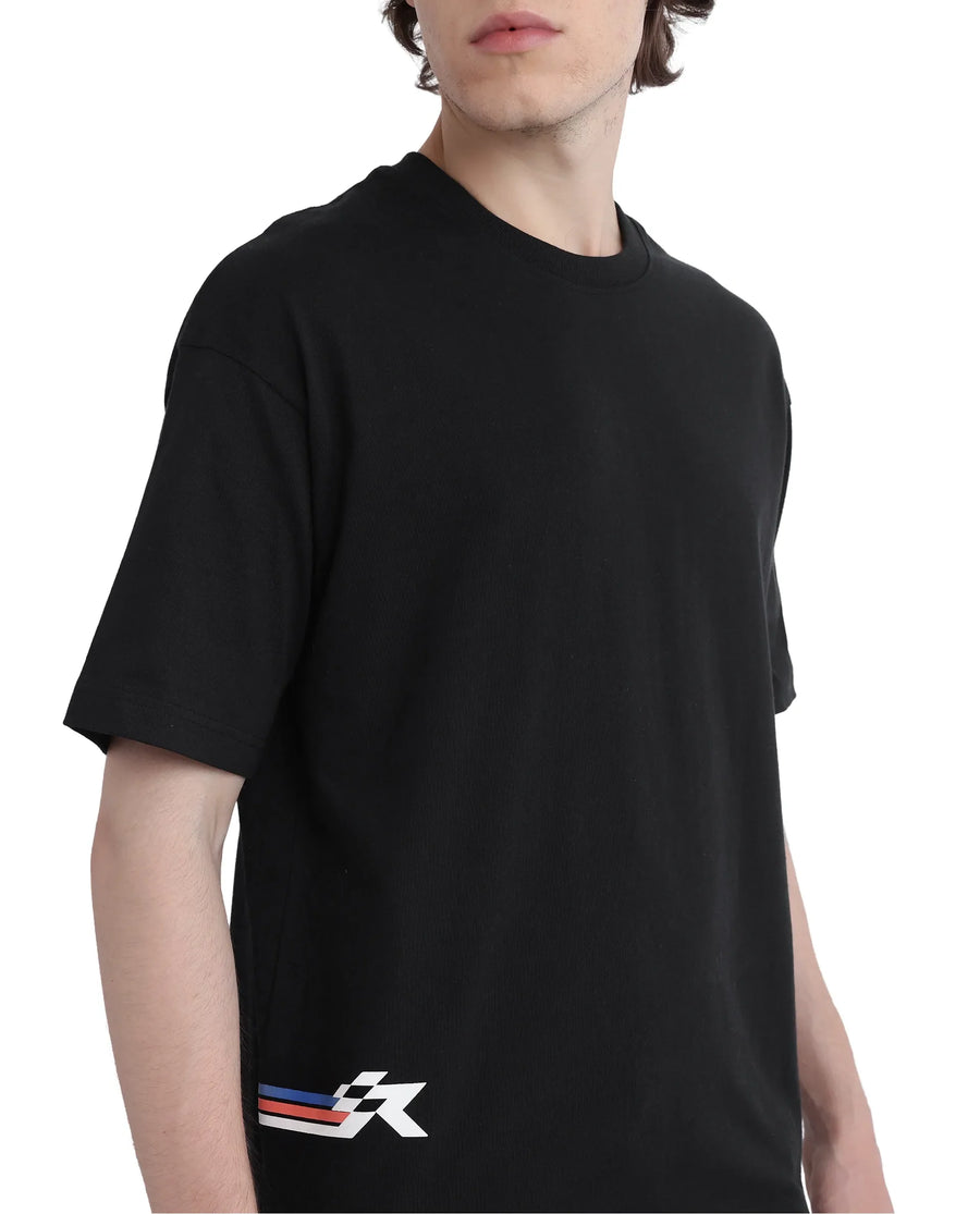 Rare Rabbit Men's Fast Black Cotton Graphic Print Oversized Fit Half Sleeve Crew Neck T-Shirt
