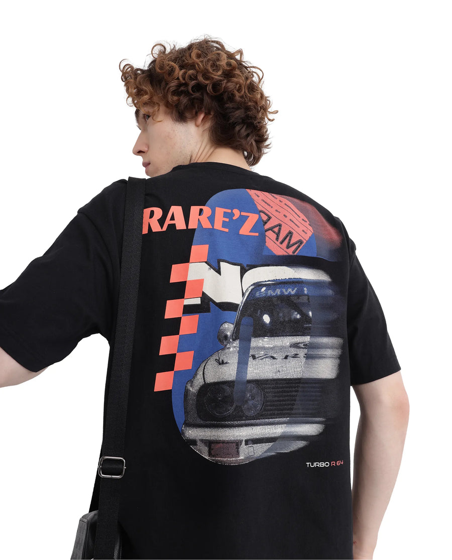 Rare Rabbit Men's Fast Black Cotton Graphic Print Oversized Fit Half Sleeve Crew Neck T-Shirt