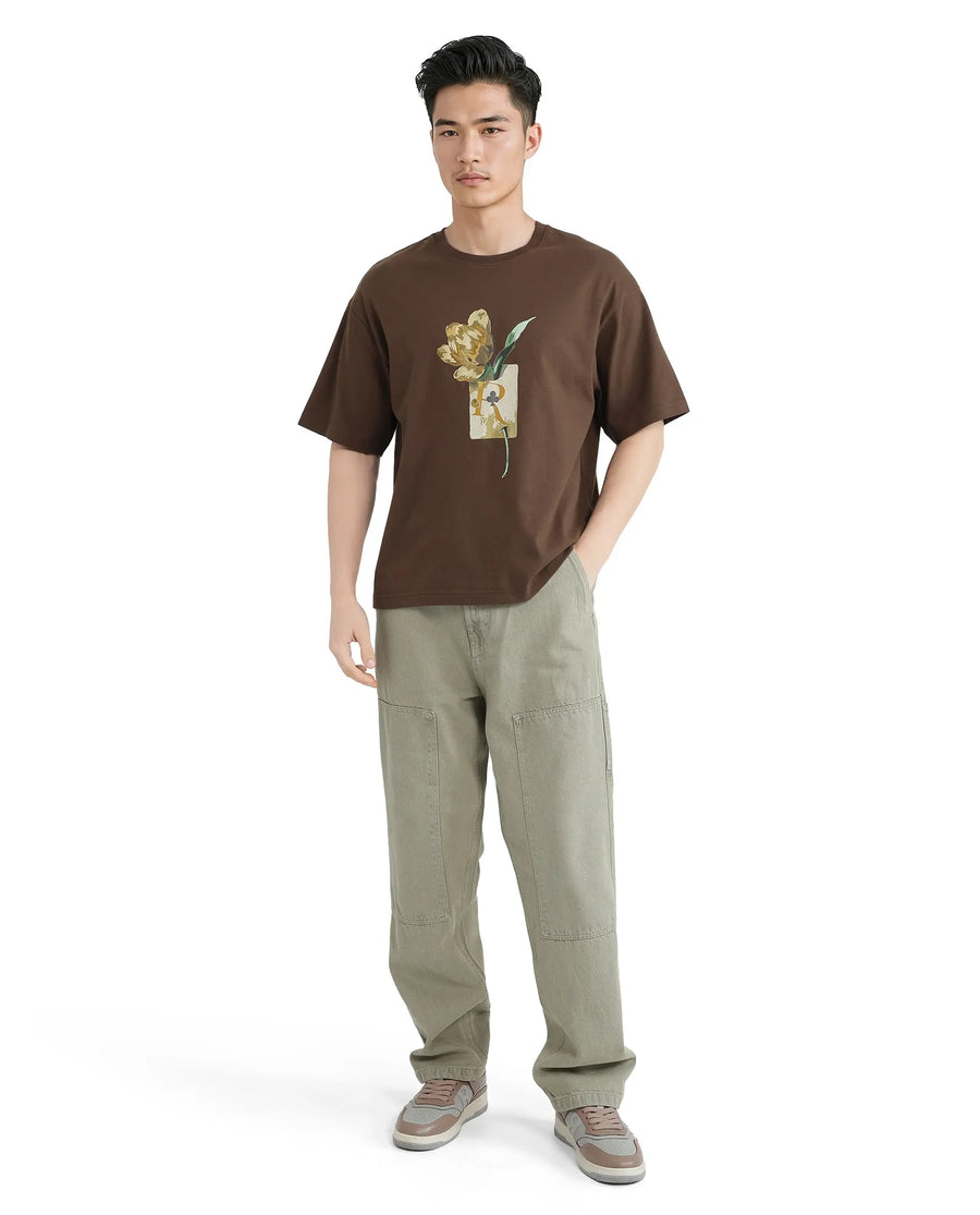 Rare Rabbit Men's Faun Brown Cotton Graphic Print Oversized Fit Half Sleeve Crew Neck T-Shirt