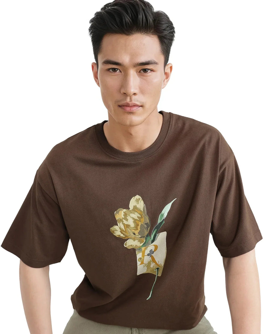 Rare Rabbit Men's Faun Brown Cotton Graphic Print Oversized Fit Half Sleeve Crew Neck T-Shirt
