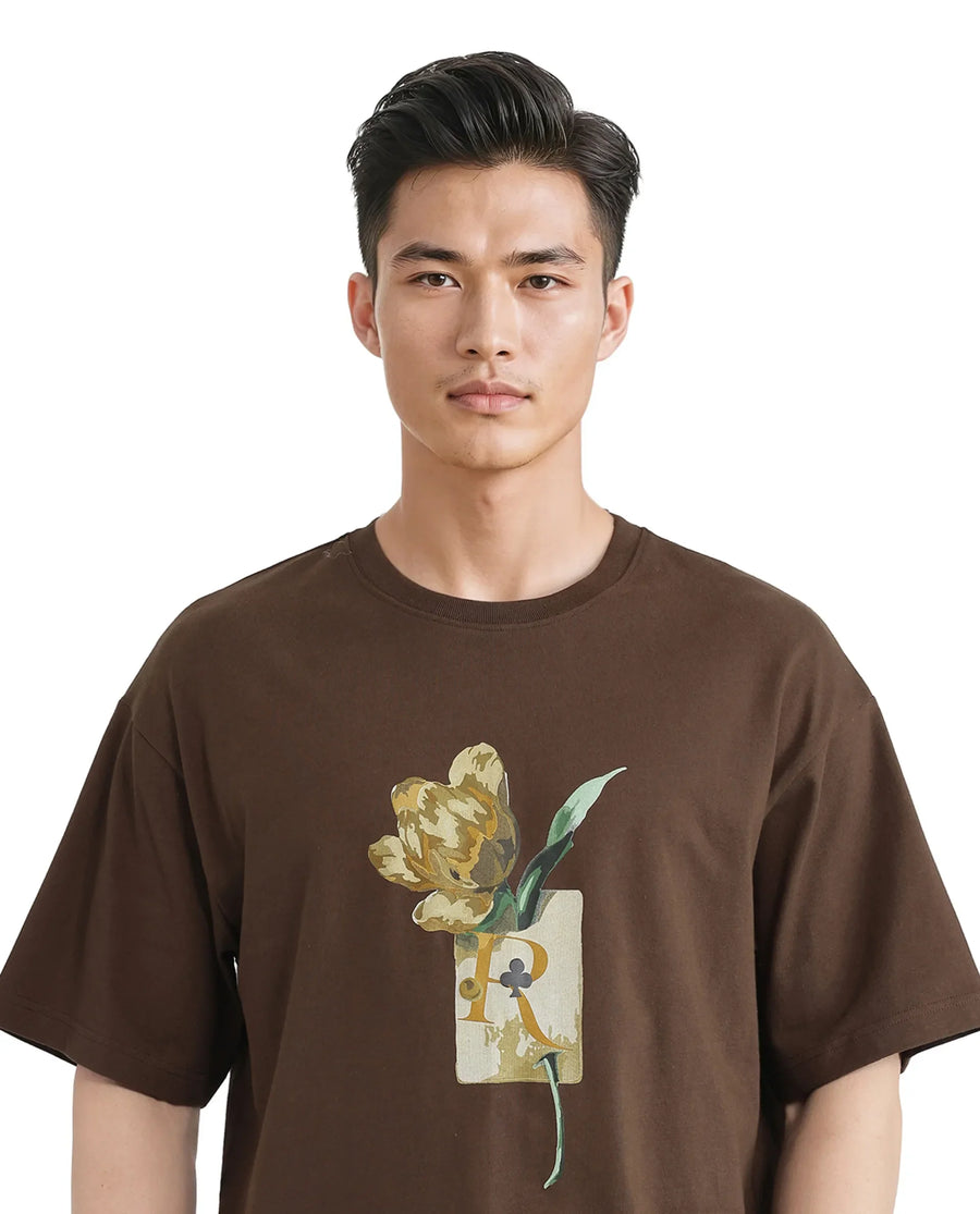 Rare Rabbit Men's Faun Brown Cotton Graphic Print Oversized Fit Half Sleeve Crew Neck T-Shirt