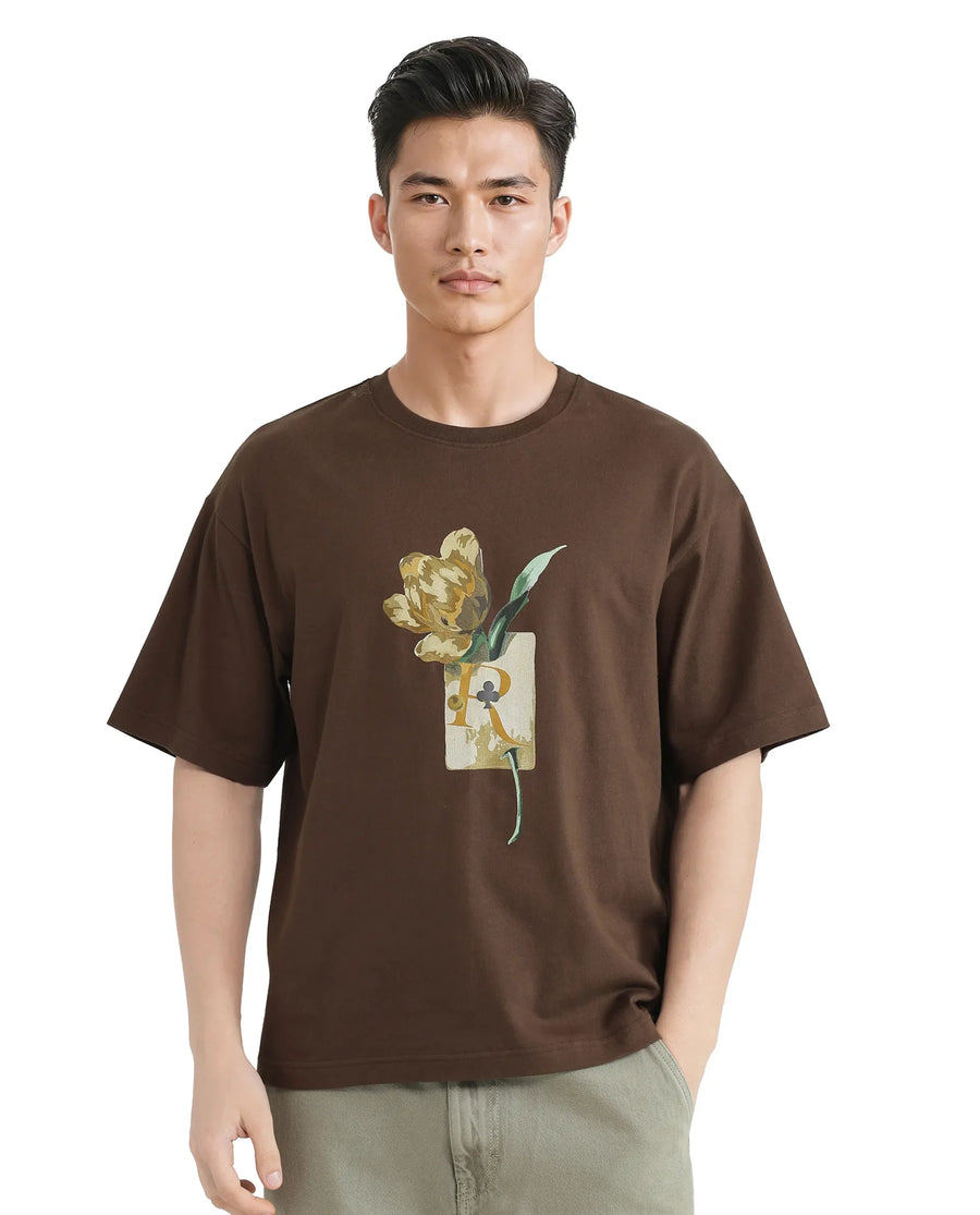Rare Rabbit Men's Faun Brown Cotton Graphic Print Oversized Fit Half Sleeve Crew Neck T-Shirt