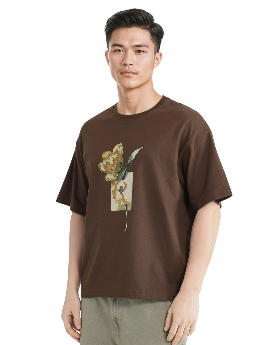 Rare Rabbit Men's Faun Brown Cotton Graphic Print Oversized Fit Half Sleeve Crew Neck T-Shirt
