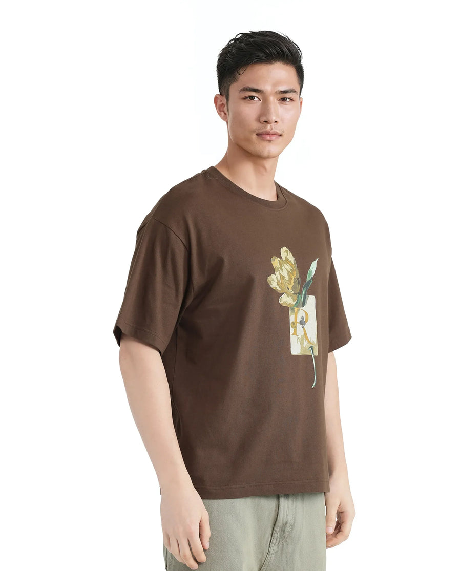 Rare Rabbit Men's Faun Brown Cotton Graphic Print Oversized Fit Half Sleeve Crew Neck T-Shirt