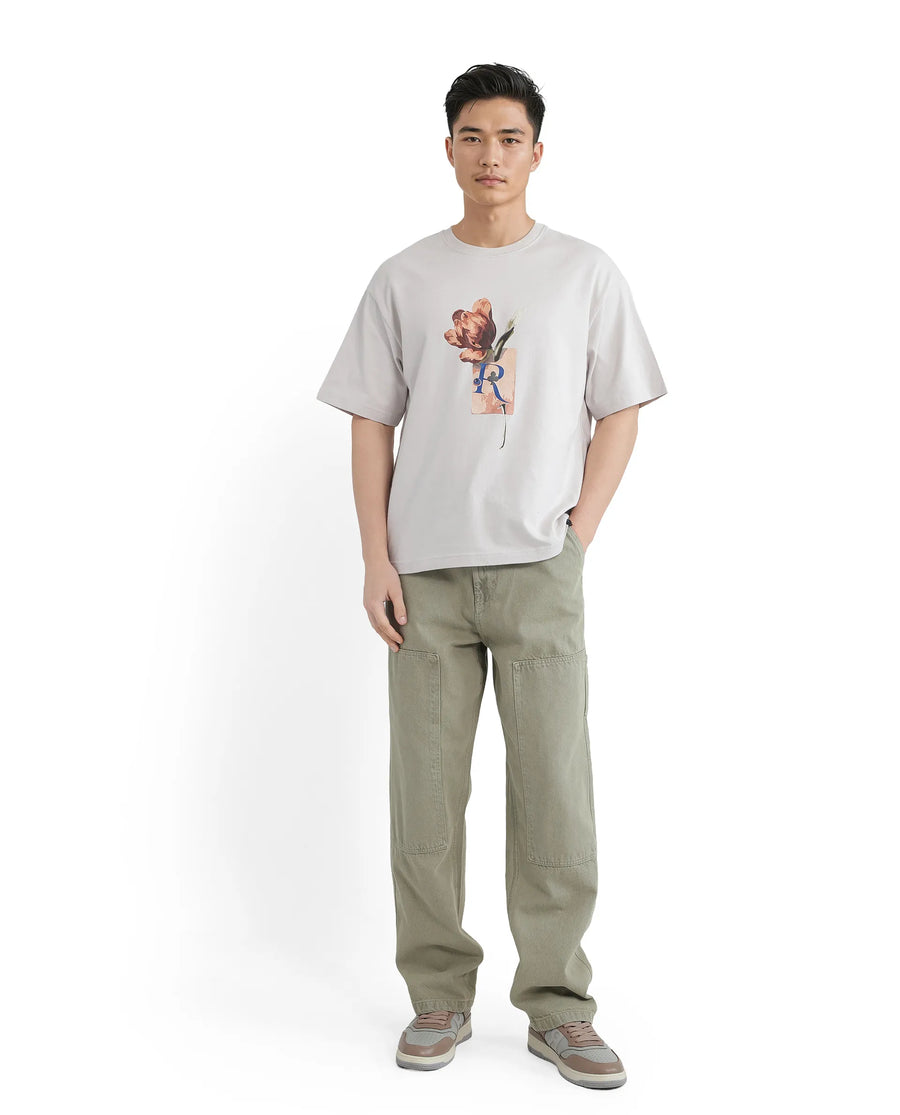 Rare Rabbit Men's Faun Light Grey Cotton Graphic Print Oversized Fit Half Sleeve Crew Neck T-Shirt