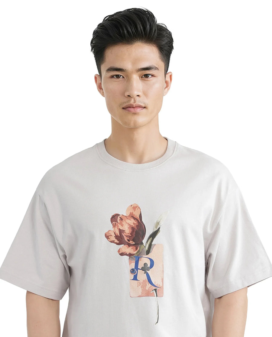 Rare Rabbit Men's Faun Light Grey Cotton Graphic Print Oversized Fit Half Sleeve Crew Neck T-Shirt