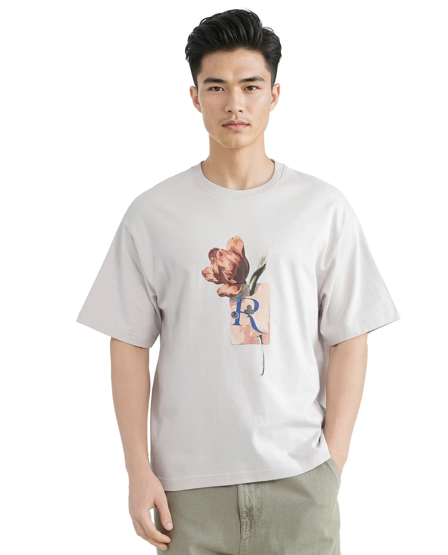 Rare Rabbit Men's Faun Light Grey Cotton Graphic Print Oversized Fit Half Sleeve Crew Neck T-Shirt