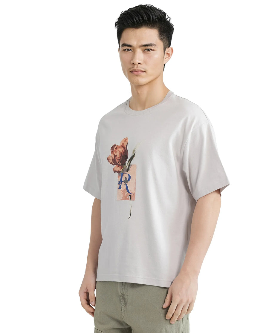 Rare Rabbit Men's Faun Light Grey Cotton Graphic Print Oversized Fit Half Sleeve Crew Neck T-Shirt