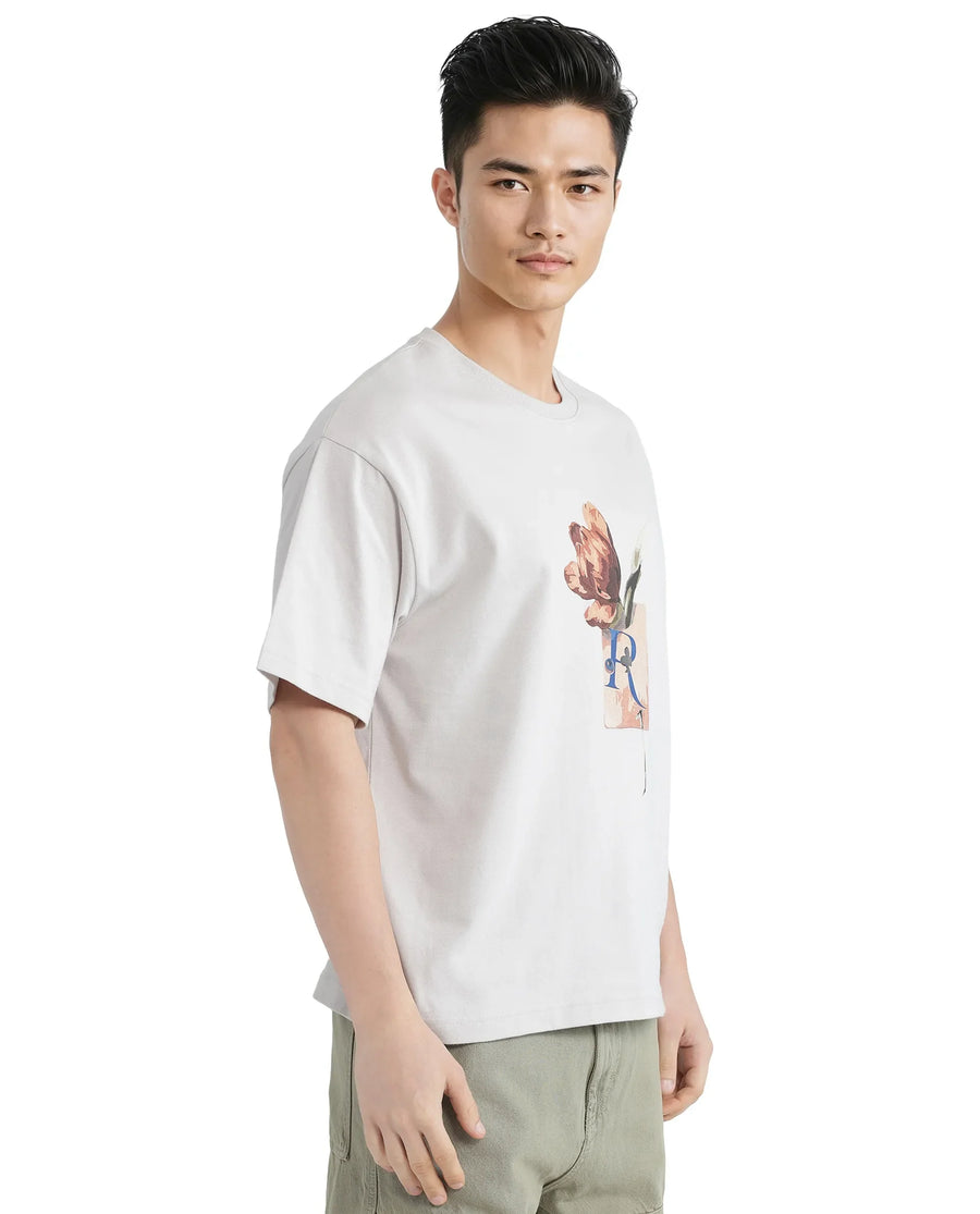 Rare Rabbit Men's Faun Light Grey Cotton Graphic Print Oversized Fit Half Sleeve Crew Neck T-Shirt