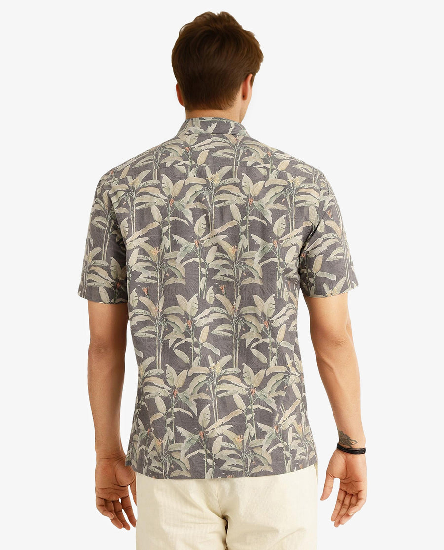 Rare Rabbit Men's Faus Light Brown Polyester Tropical Print Boxy Fit Half Sleeve Collared Shirt