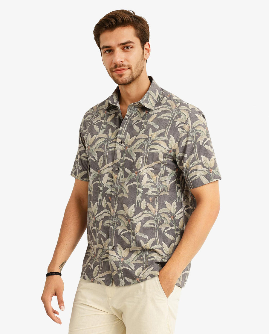 Rare Rabbit Men's Faus Light Brown Polyester Tropical Print Boxy Fit Half Sleeve Collared Shirt