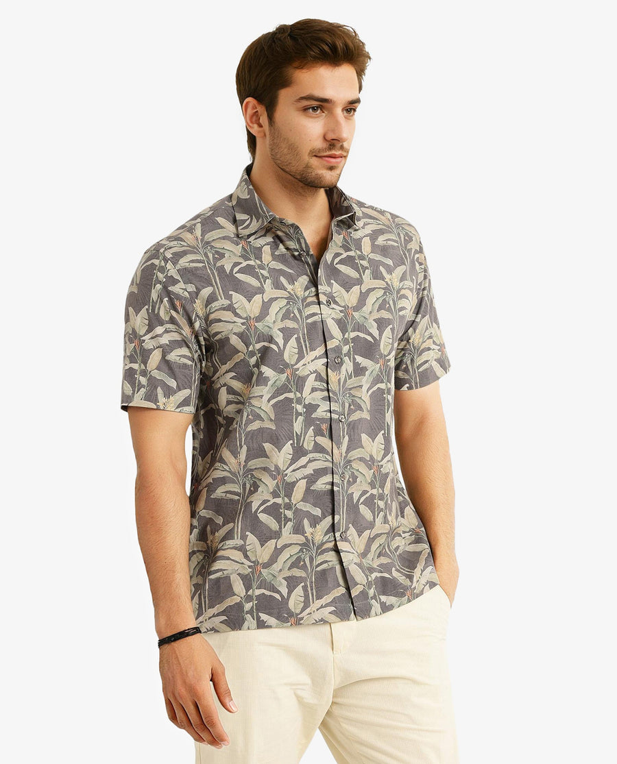 Rare Rabbit Men's Faus Light Brown Polyester Tropical Print Boxy Fit Half Sleeve Collared Shirt