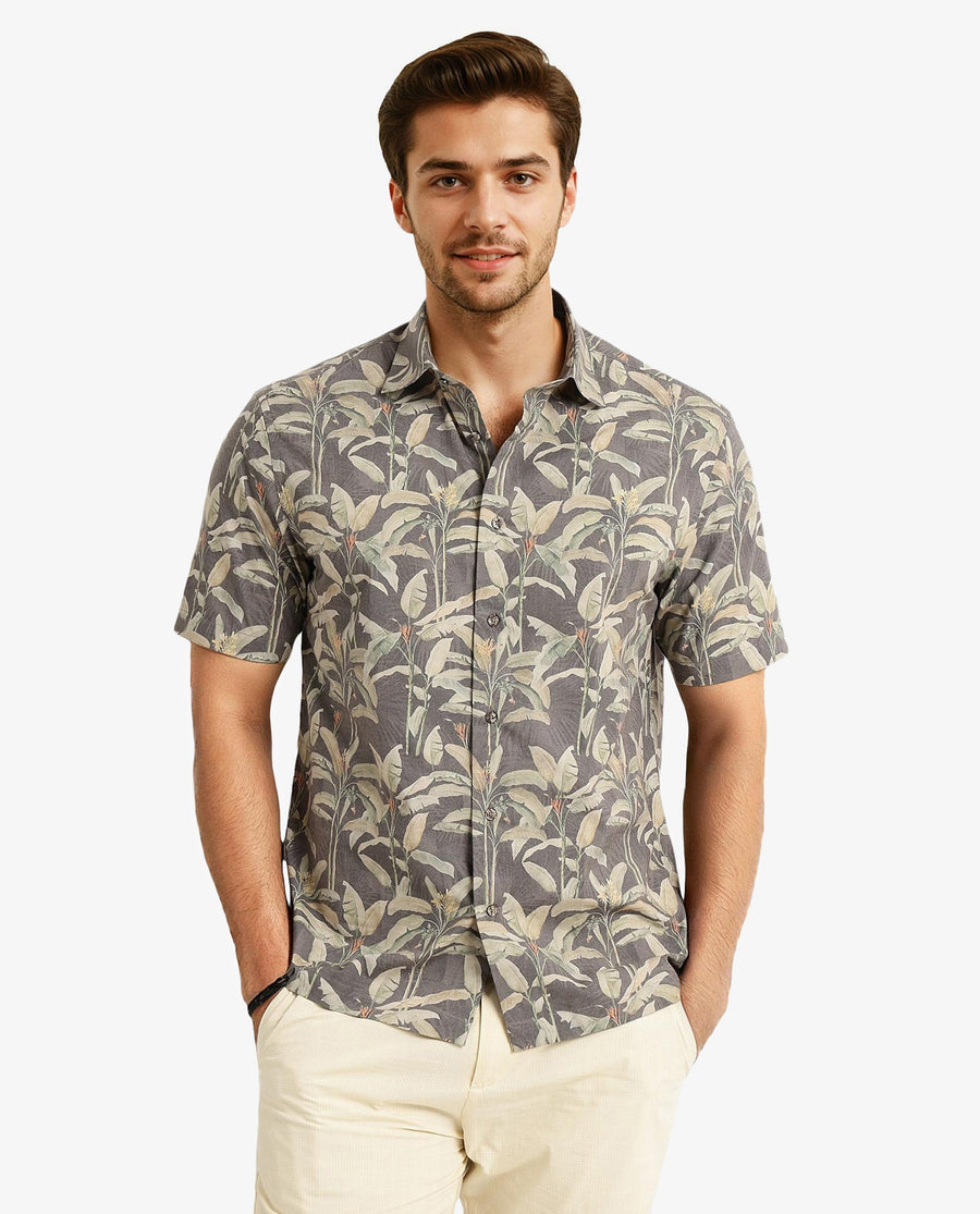 Rare Rabbit Men's Faus Light Brown Polyester Tropical Print Boxy Fit Half Sleeve Collared Shirt