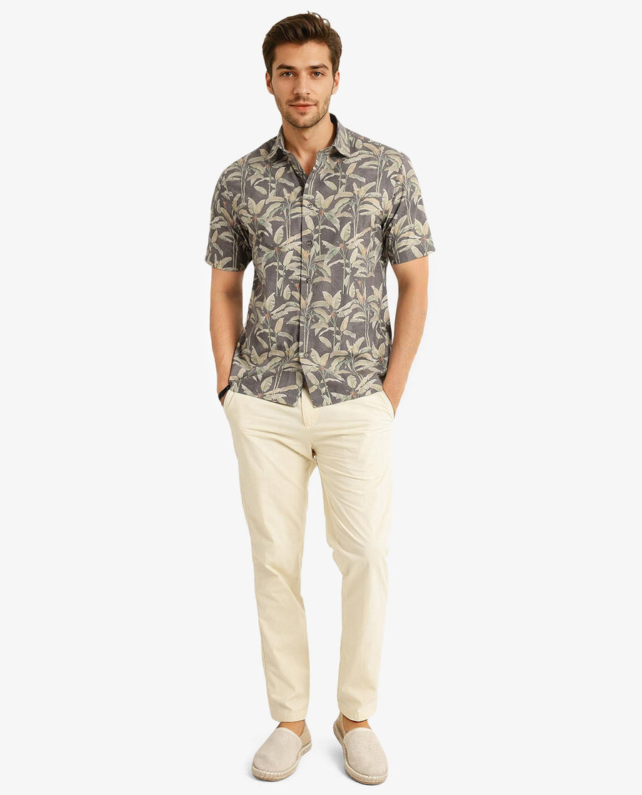 Rare Rabbit Men's Faus Light Brown Polyester Tropical Print Boxy Fit Half Sleeve Collared Shirt
