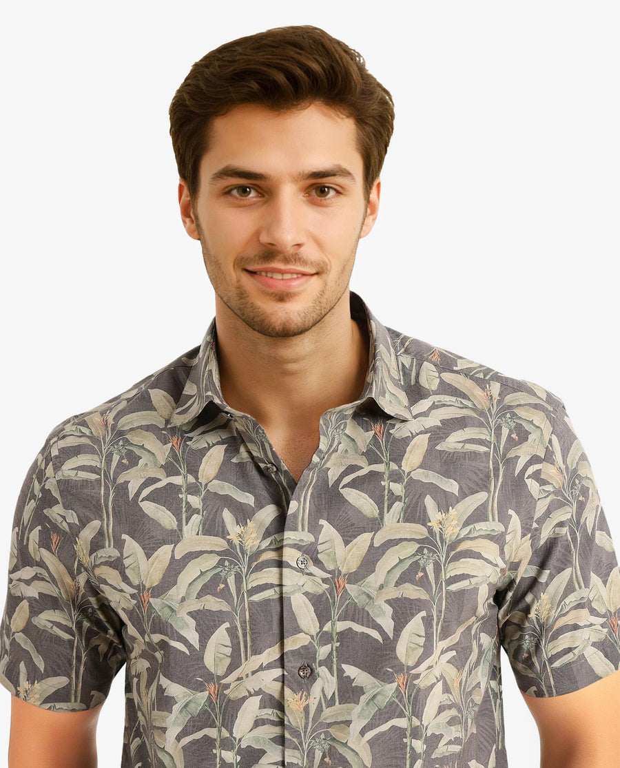 Rare Rabbit Men's Faus Light Brown Polyester Tropical Print Boxy Fit Half Sleeve Collared Shirt