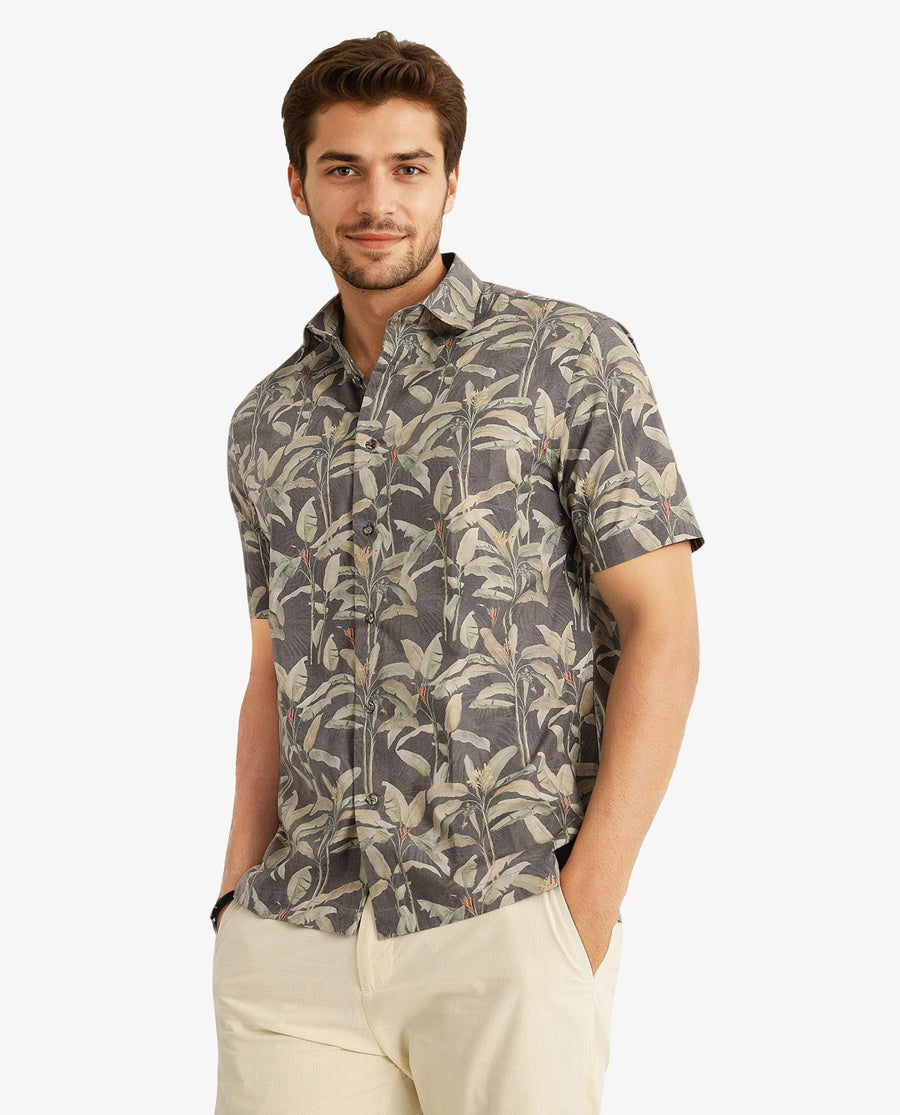 Rare Rabbit Men's Faus Light Brown Polyester Tropical Print Boxy Fit Half Sleeve Collared Shirt