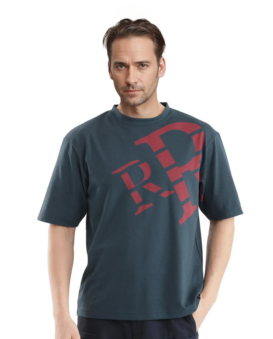 Rare Rabbit Men's Feat Teal Cotton Graphic Print Oversized Fit Half Sleeve Crew Neck T-Shirt