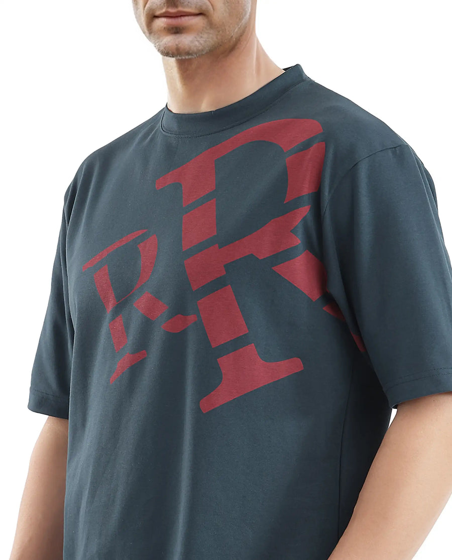 Rare Rabbit Men's Feat Teal Cotton Graphic Print Oversized Fit Half Sleeve Crew Neck T-Shirt