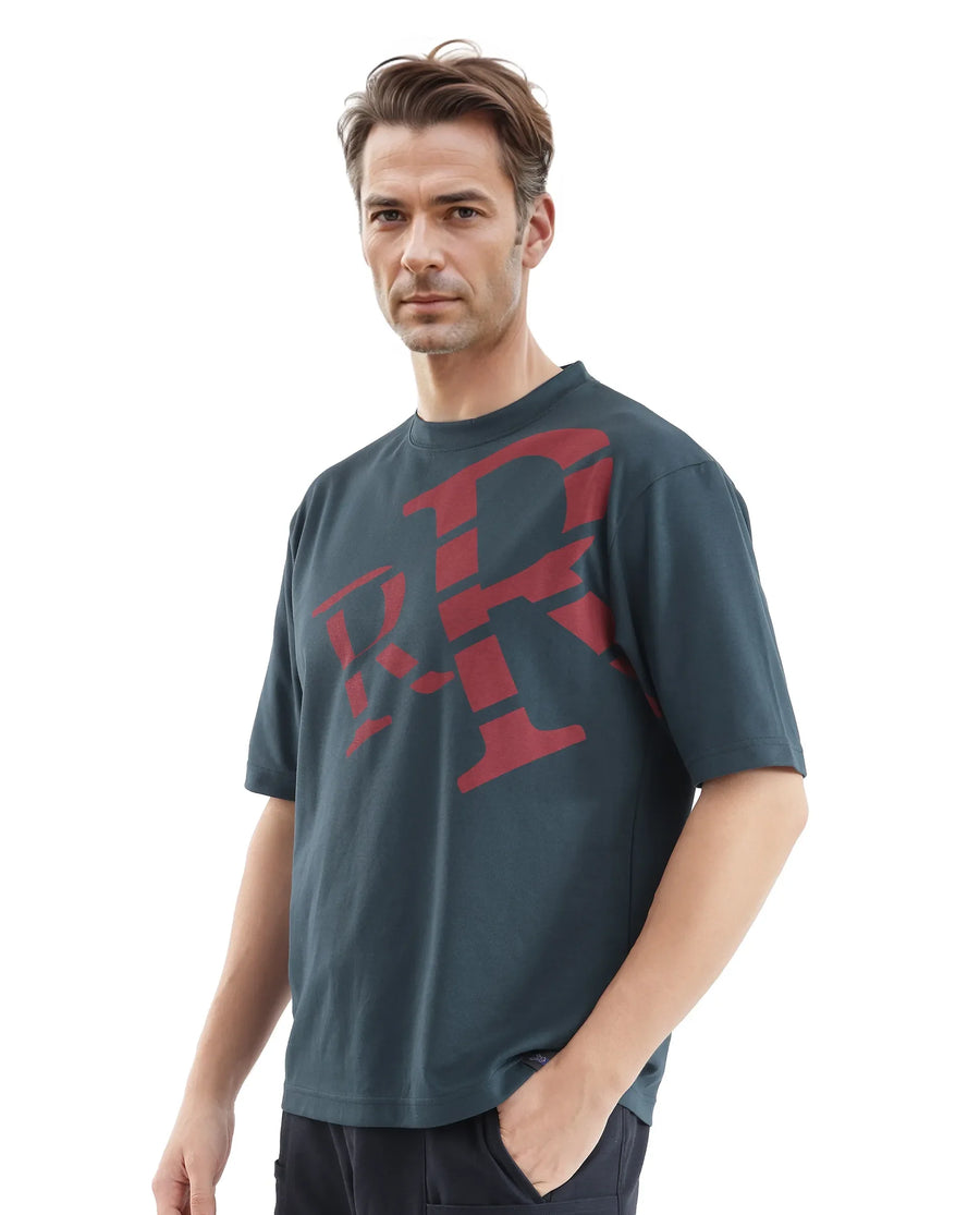 Rare Rabbit Men's Feat Teal Cotton Graphic Print Oversized Fit Half Sleeve Crew Neck T-Shirt