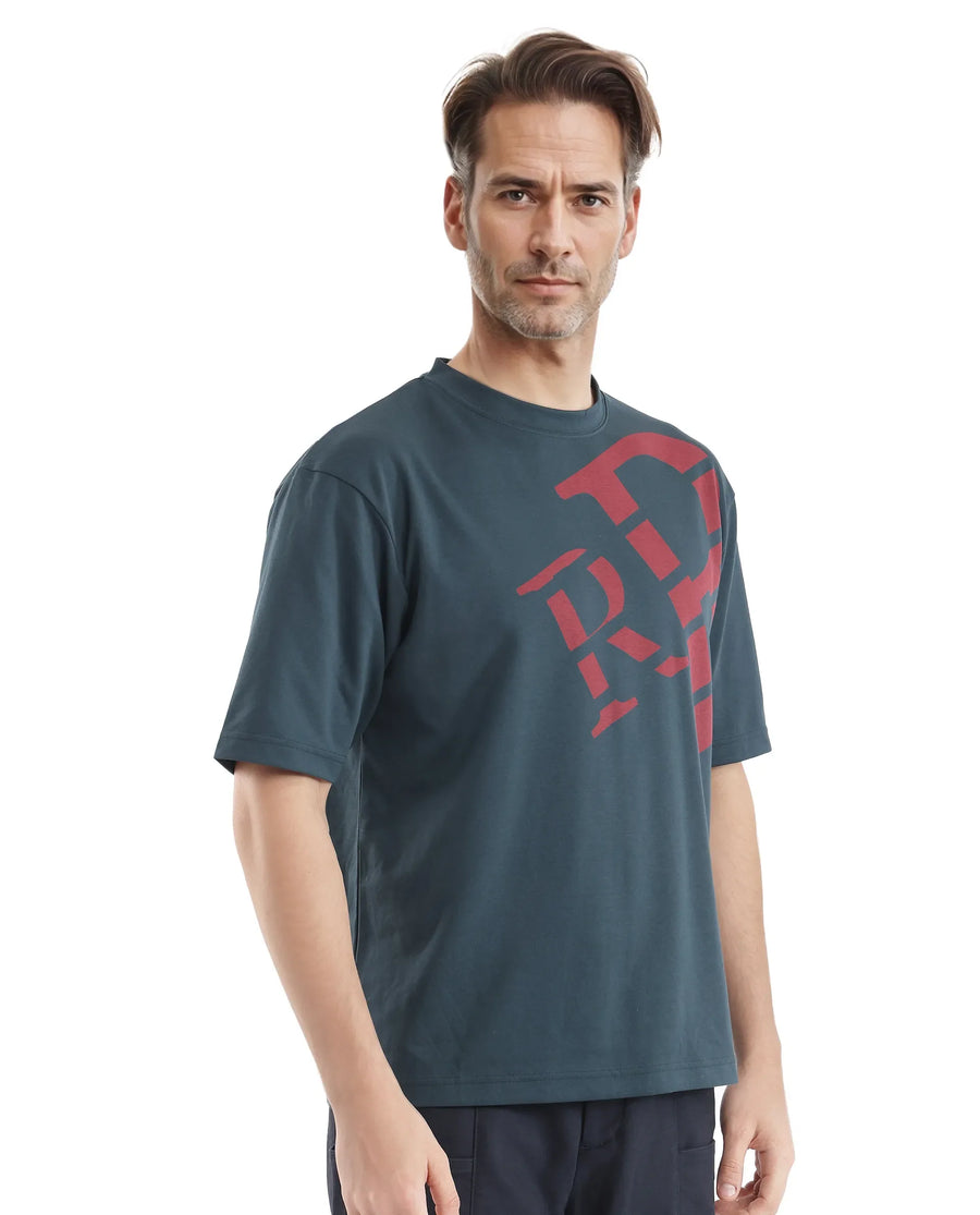 Rare Rabbit Men's Feat Teal Cotton Graphic Print Oversized Fit Half Sleeve Crew Neck T-Shirt