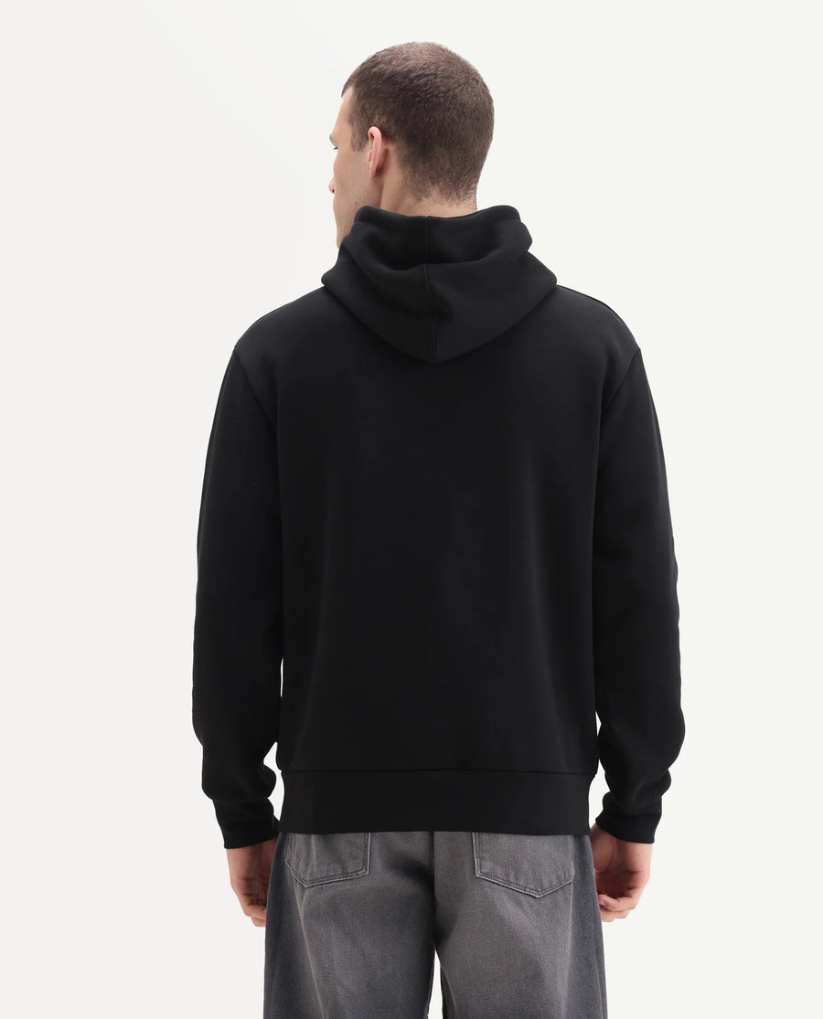 Rare Rabbit Men's Febo Black Cotton Blend Fabric Full Sleeves Hooded Graphic Print Sweatshirt