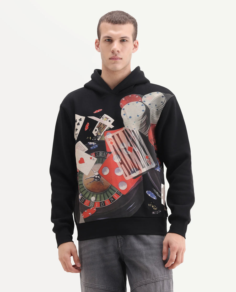 Rare Rabbit Men's Febo Black Cotton Blend Fabric Full Sleeves Hooded Graphic Print Sweatshirt