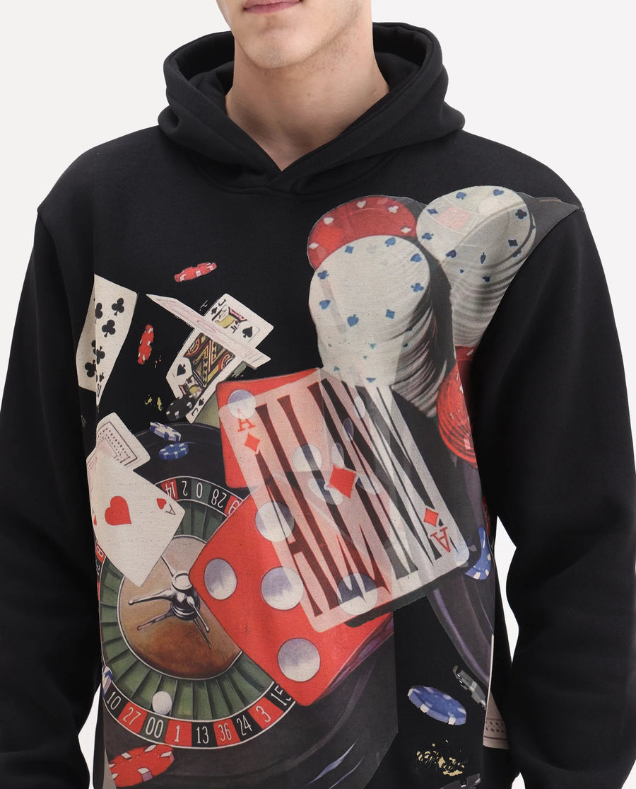 Rare Rabbit Men's Febo Black Cotton Blend Fabric Full Sleeves Hooded Graphic Print Sweatshirt