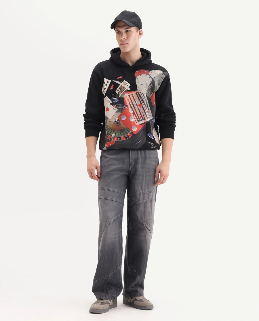 Rare Rabbit Men's Febo Black Cotton Blend Fabric Full Sleeves Hooded Graphic Print Sweatshirt