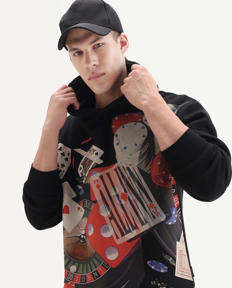 Rare Rabbit Men's Febo Black Cotton Blend Fabric Full Sleeves Hooded Graphic Print Sweatshirt