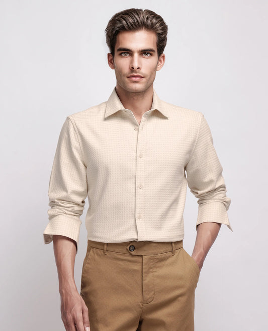 Rare Rabbit Men's Fei Ls Beige Cotton Textured Regular Fit Full Sleeve Collared Shirt