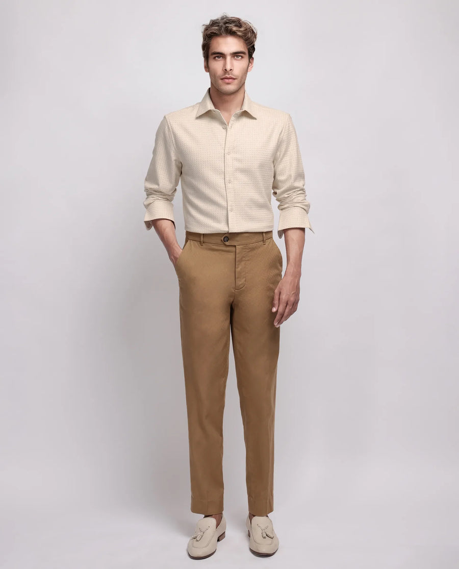 Rare Rabbit Men's Fei Ls Beige Cotton Textured Regular Fit Full Sleeve Collared Shirt