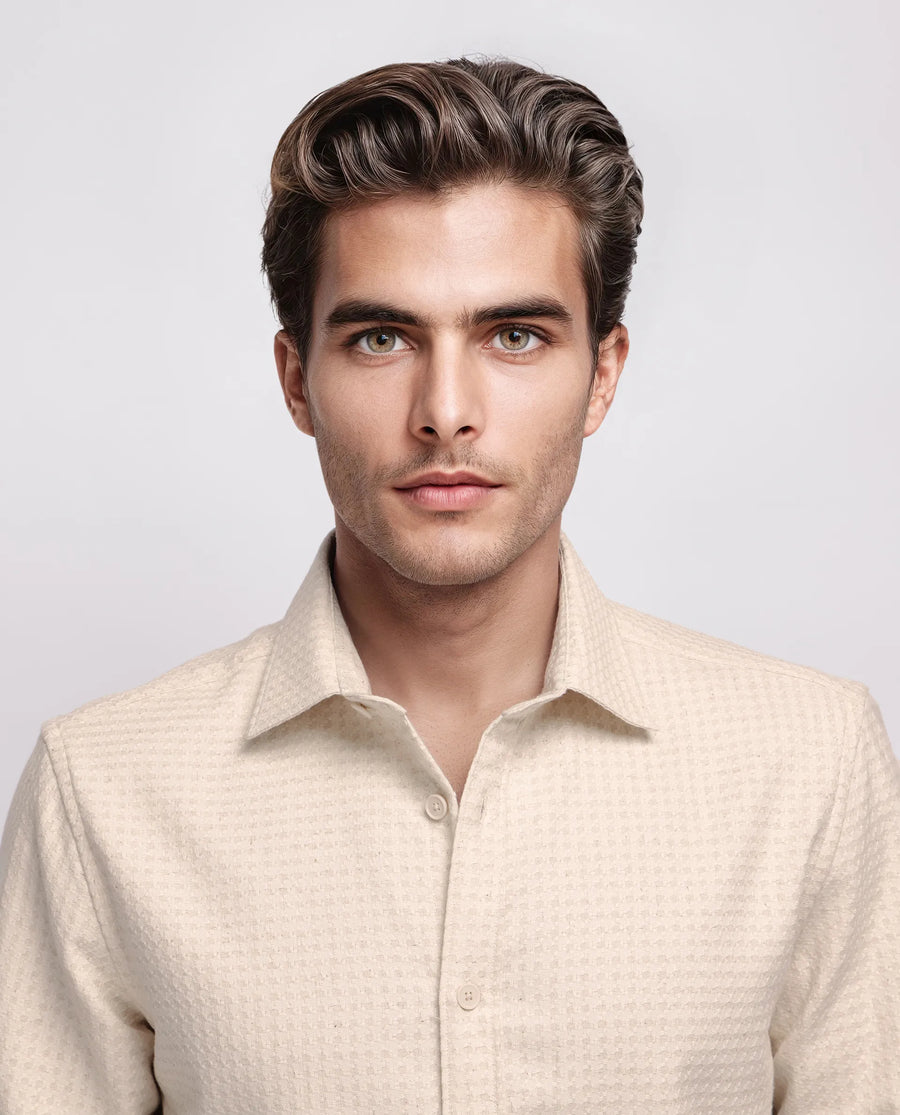 Rare Rabbit Men's Fei Ls Beige Cotton Textured Regular Fit Full Sleeve Collared Shirt