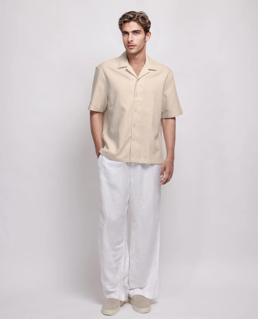 Rare Rabbit Men's Fei Ss Beige Cotton Textured Boxy Fit Half Sleeve Cuban Collar Shirt