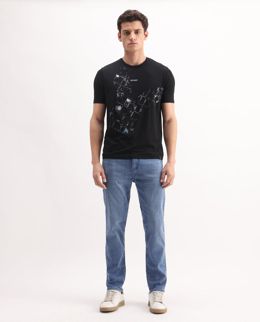 Rare Rabbit Men's Felix-K Blue Cotton Blend Plain Kurt Carrot Fit Jeans