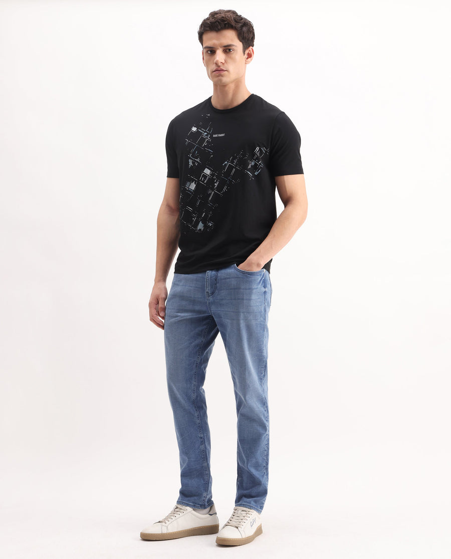 Rare Rabbit Men's Felix-K Blue Cotton Blend Plain Kurt Carrot Fit Jeans