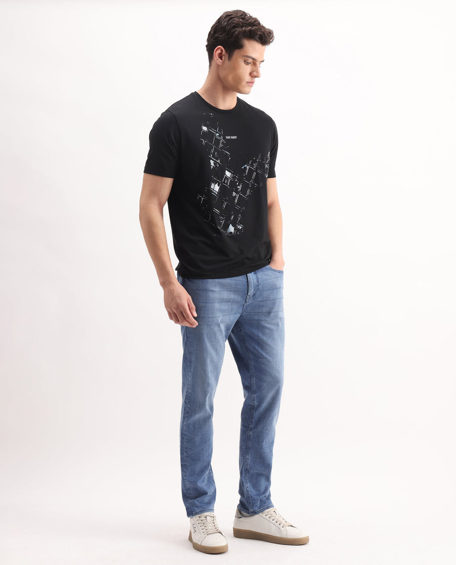 Rare Rabbit Men's Felix-K Blue Cotton Blend Plain Kurt Carrot Fit Jeans