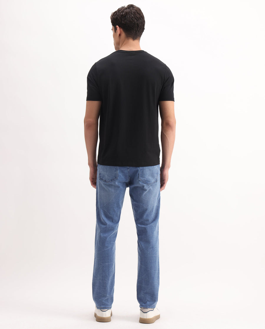 Rare Rabbit Men's Felix-K Blue Cotton Blend Plain Kurt Carrot Fit Jeans