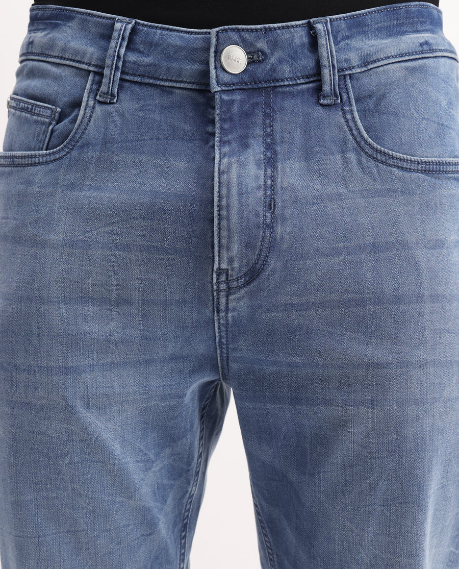 Rare Rabbit Men's Felix-K Blue Cotton Blend Plain Kurt Carrot Fit Jeans