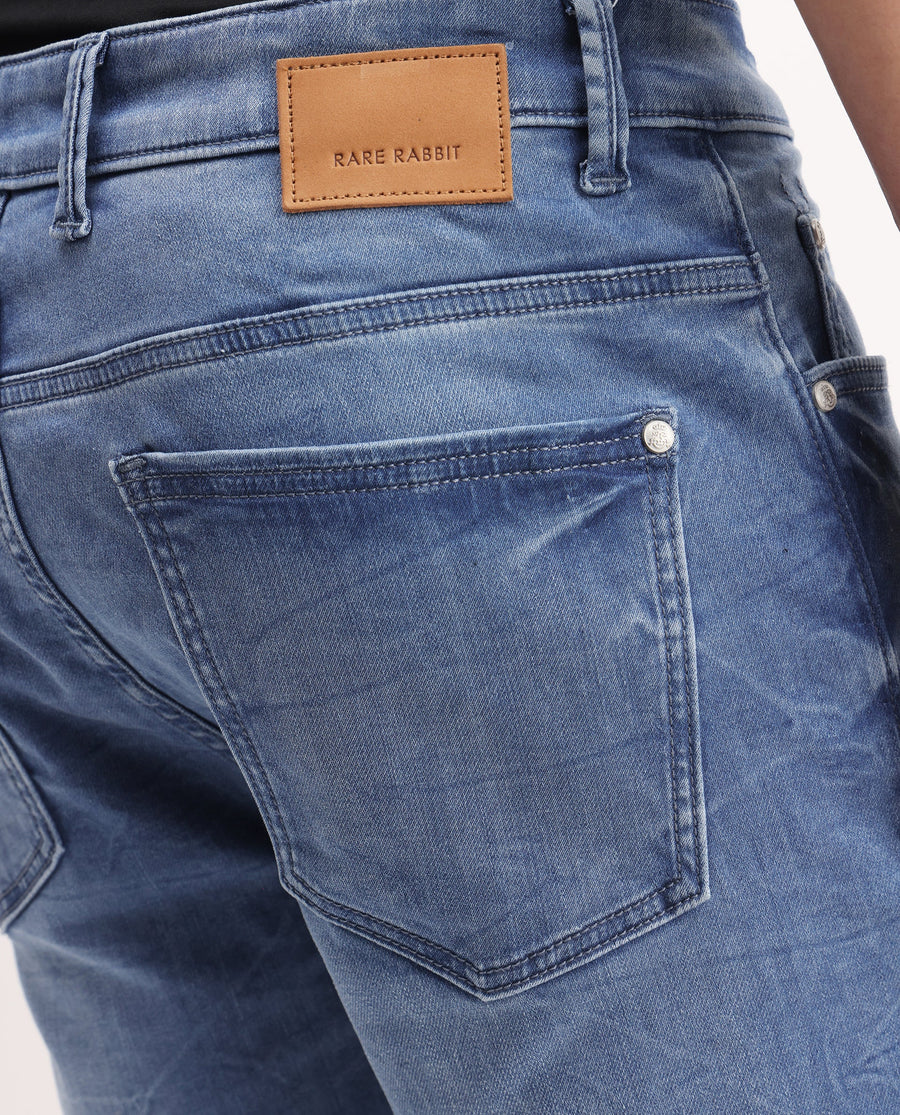 Rare Rabbit Men's Felix-K Blue Cotton Blend Plain Kurt Carrot Fit Jeans