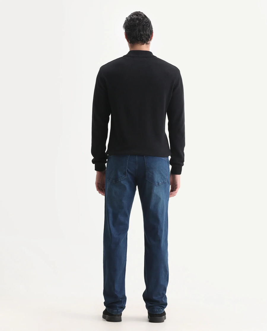 Rare Rabbit Men's Felix-M Dark Blue Cotton Blend Fabric Morris Regular Fit Plain Jeans